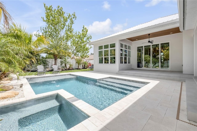 102 Inlet Shores Dr, New Smyrna Beach, FL 32168 - view of swimming pool with ceiling fan, a patio area, fence, and a pool with connected hot tub