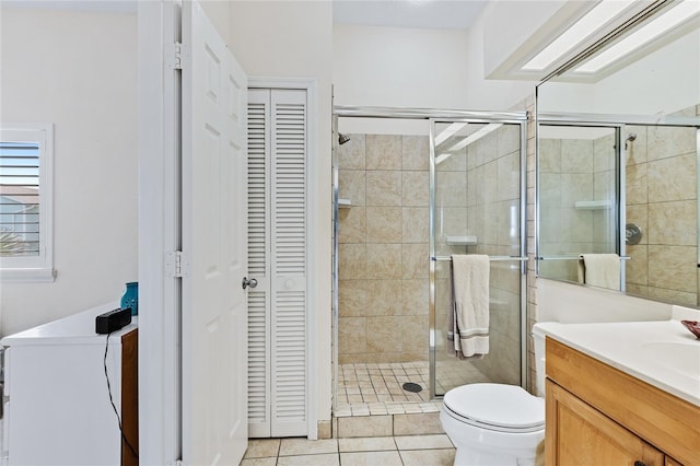 6320 S Atlantic Ave, New Smyrna Beach, FL 32169 - full bath featuring a closet, a stall shower, tile patterned floors, and vanity