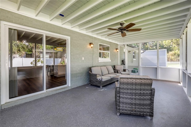 1144 Corbin Park Rd, New Smyrna Beach, FL 32168 - sunroom / solarium featuring an outdoor hangout area, a ceiling fan, and beam ceiling