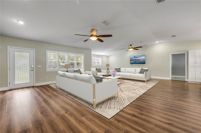 1144 Corbin Park Rd, New Smyrna Beach, FL 32168 - living area featuring a ceiling fan, dark wood-style flooring, lofted ceiling, and recessed lighting