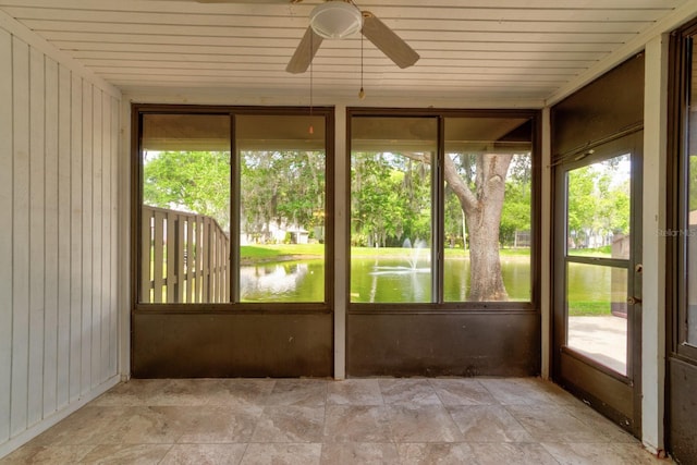 488 Shorewood Ln, New Smyrna Beach, FL 32168 - unfurnished sunroom featuring plenty of natural light, a water view, and ceiling fan