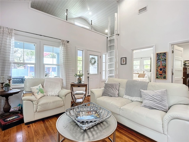 216 Murray St, New Smyrna Beach, FL 32168 - living area featuring high vaulted ceiling, wood finished floors, and wooden ceiling