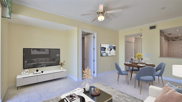 4620 Riverwalk Village Ct Unit 7306, Ponce Inlet, FL 32127 - carpeted living area featuring crown molding, ceiling fan, and baseboards