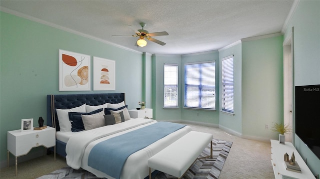 4620 Riverwalk Village Ct Unit 7306, Ponce Inlet, FL 32127 - bedroom featuring crown molding, carpet, a ceiling fan, baseboards, and a textured ceiling