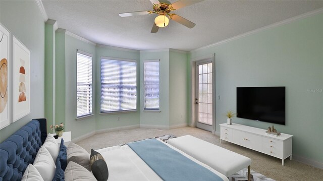 4620 Riverwalk Village Ct Unit 7306, Ponce Inlet, FL 32127 - bedroom featuring light carpet, crown molding, multiple windows, a textured ceiling, and ceiling fan
