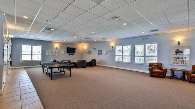 4620 Riverwalk Village Ct Unit 7306, Ponce Inlet, FL 32127 - rec room with light carpet, baseboards, and a drop ceiling
