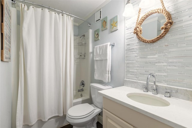 76 Heather Point Ct, New Smyrna Beach, FL 32169 - bathroom with decorative backsplash, shower / bath combo, toilet, and vanity