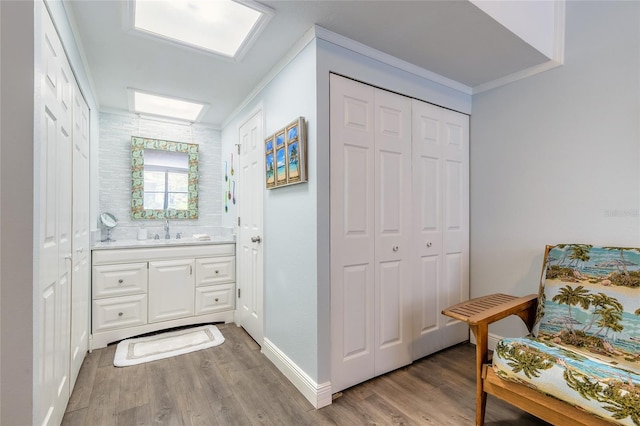 76 Heather Point Ct, New Smyrna Beach, FL 32169 - bathroom with a closet, wood finished floors, vanity, and ornamental molding
