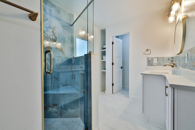 475 Spruceview Dr, Port Orange, FL 32127 - bathroom featuring a stall shower, vanity, and tasteful backsplash