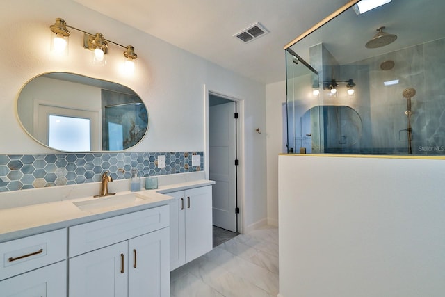 475 Spruceview Dr, Port Orange, FL 32127 - bathroom with an enclosed shower, marble look tiles, vanity, and tasteful backsplash