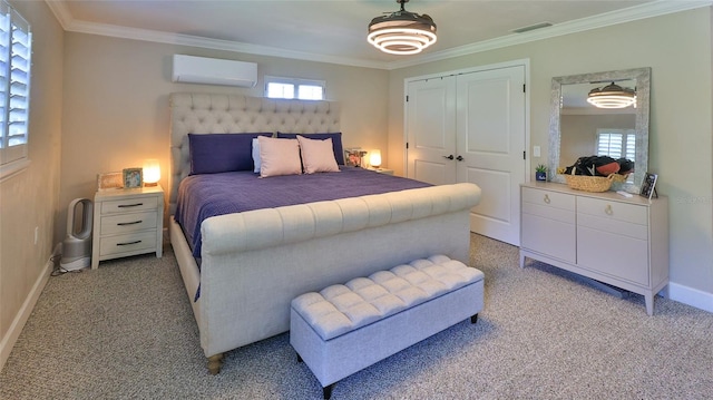 798 Fairway Dr, New Smyrna Beach, FL 32168 - bedroom featuring an AC wall unit, ornamental molding, light carpet, and multiple windows