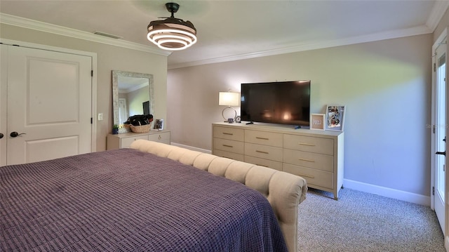 798 Fairway Dr, New Smyrna Beach, FL 32168 - bedroom featuring baseboards, ornamental molding, and light carpet