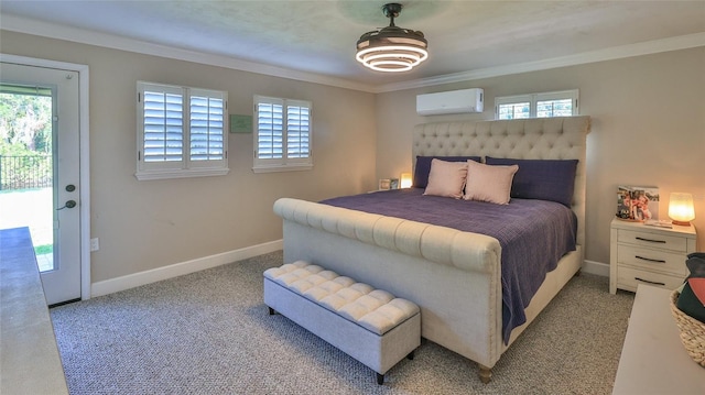 798 Fairway Dr, New Smyrna Beach, FL 32168 - bedroom with a wall mounted AC, ornamental molding, baseboards, and carpet floors