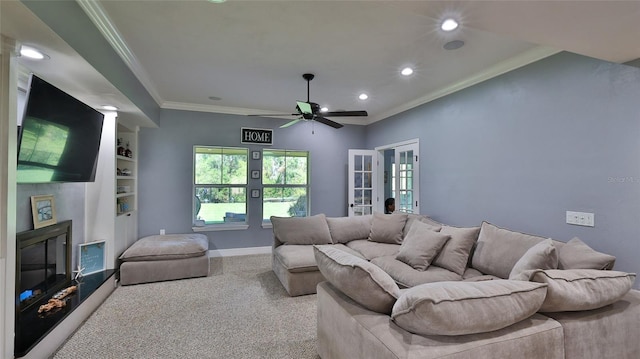 798 Fairway Dr, New Smyrna Beach, FL 32168 - carpeted living area featuring ceiling fan, recessed lighting, crown molding, french doors, and baseboards