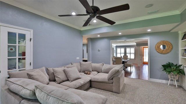 798 Fairway Dr, New Smyrna Beach, FL 32168 - living area featuring recessed lighting, carpet flooring, crown molding, ceiling fan, and baseboards
