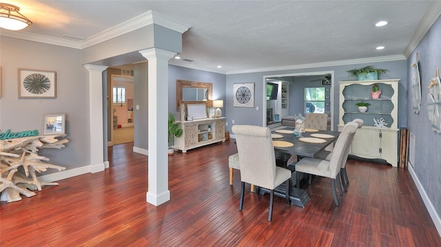 798 Fairway Dr, New Smyrna Beach, FL 32168 - dining room featuring ornate columns, baseboards, plenty of natural light, recessed lighting, and wood finished floors