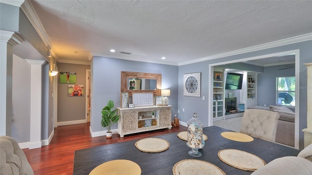 798 Fairway Dr, New Smyrna Beach, FL 32168 - dining room with wood finished floors, baseboards, ornate columns, ornamental molding, and recessed lighting