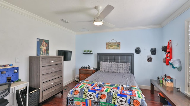 798 Fairway Dr, New Smyrna Beach, FL 32168 - bedroom featuring crown molding, dark wood-style floors, ceiling fan, and baseboards