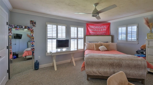 798 Fairway Dr, New Smyrna Beach, FL 32168 - carpeted bedroom with multiple windows, ornamental molding, baseboards, and ceiling fan