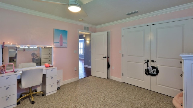 798 Fairway Dr, New Smyrna Beach, FL 32168 - office area with light carpet, ornamental molding, baseboards, and a ceiling fan