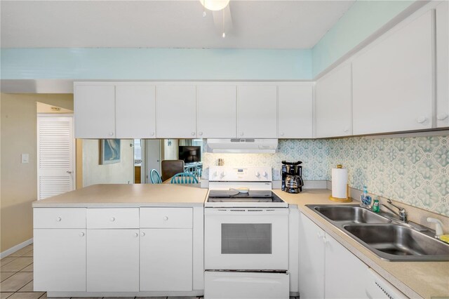 525 N Atlantic Ave Unit 39, New Smyrna Beach, FL 32169 - kitchen featuring under cabinet range hood, electric range, a sink, a peninsula, and light countertops