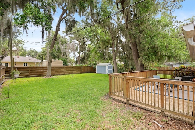 1723 Needle Palm Dr, Edgewater, FL 32132 - fenced backyard featuring a storage shed and a wooden deck