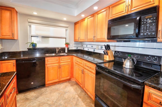 4435 S Atlantic Ave Unit 416, Port Orange, FL 32127 - kitchen with black appliances, a sink, crown molding, dark stone counters, and recessed lighting