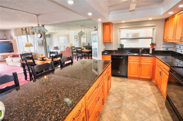 4435 S Atlantic Ave Unit 416, Port Orange, FL 32127 - kitchen featuring black appliances, a sink, open floor plan, crown molding, and recessed lighting