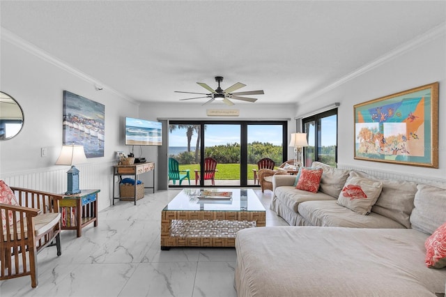 5301 S Atlantic Ave Unit 140, New Smyrna Beach, FL 32169 - living area with ornamental molding, plenty of natural light, a ceiling fan, and light marble finish floors