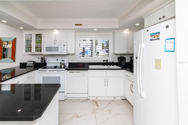 5301 S Atlantic Ave Unit 140, New Smyrna Beach, FL 32169 - kitchen featuring white appliances, a sink, crown molding, light marble finish flooring, and recessed lighting