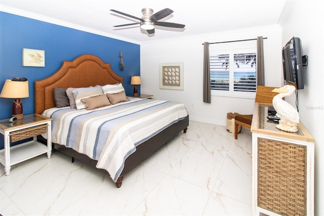 5301 S Atlantic Ave Unit 140, New Smyrna Beach, FL 32169 - bedroom featuring marble finish floors, crown molding, baseboards, and a ceiling fan