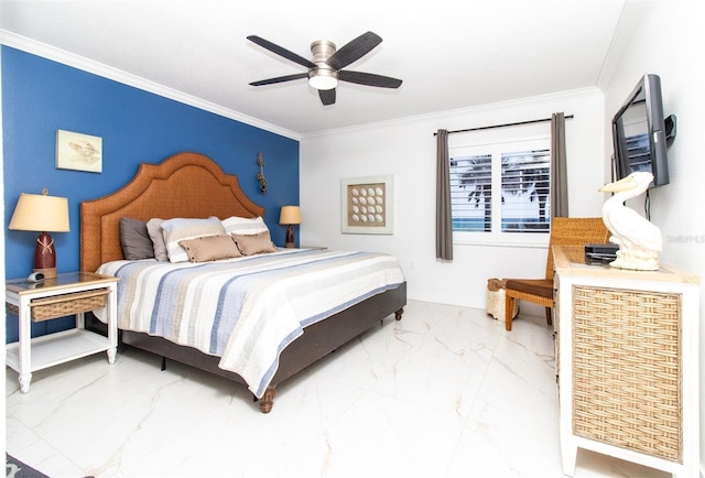 5301 S Atlantic Ave Unit 140, New Smyrna Beach, FL 32169 - bedroom featuring marble look tile flooring, crown molding, and ceiling fan