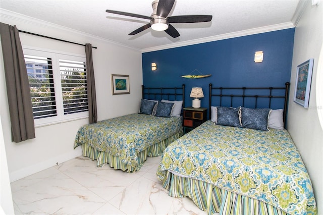 5301 S Atlantic Ave Unit 140, New Smyrna Beach, FL 32169 - bedroom featuring crown molding, marble look tile flooring, a textured ceiling, a ceiling fan, and baseboards