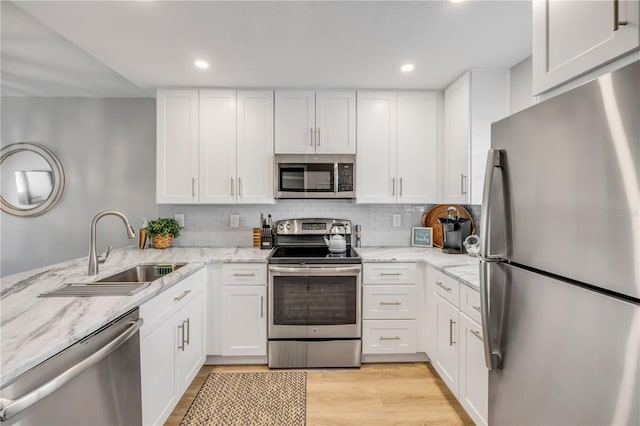4151 S Atlantic Ave Unit 3090, New Smyrna Beach, FL 32169 - kitchen featuring appliances with stainless steel finishes, a sink, white cabinets, light wood-style flooring, and recessed lighting