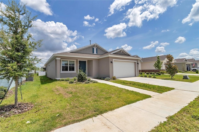 7223 SW 61st Pl, Ocala, FL 34474 - ranch-style house featuring stucco siding, an attached garage, concrete driveway, a front lawn, and a shingled roof