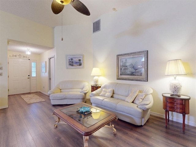 686 Middlebury Loop, New Smyrna Beach, FL 32168 - living area featuring wood finished floors, baseboards, a ceiling fan, and high vaulted ceiling