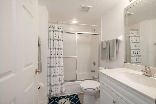 5300 S Atlantic Ave Unit 11302, New Smyrna Beach, FL 32169 - bathroom with vanity, shower / bath combination with curtain, toilet, and a textured ceiling