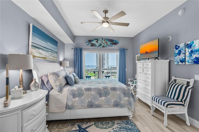 2 Oceans W Blvd Unit 608, Daytona Beach Shores, FL 32118 - bedroom with access to exterior, light wood-style floors, ceiling fan, and baseboards