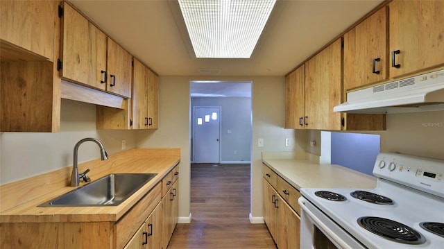 1802 N Fern Palm Dr, Edgewater, FL 32132 - kitchen with white range with electric cooktop, under cabinet range hood, a sink, light countertops, and dark wood finished floors