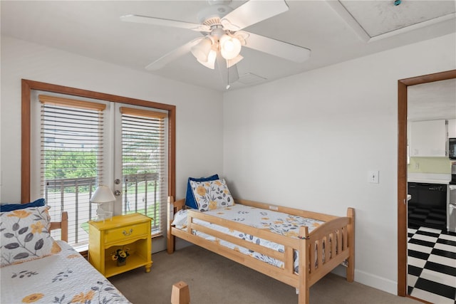 6956 Turtlemound Rd, New Smyrna Beach, FL 32169 - bedroom featuring access to exterior, ceiling fan, and light carpet
