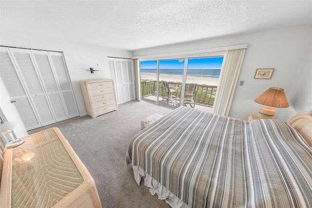 4777 S Atlantic Ave Unit B2, Port Orange, FL 32127 - carpeted bedroom with access to outside, view of water and beach, a textured ceiling, and two closets