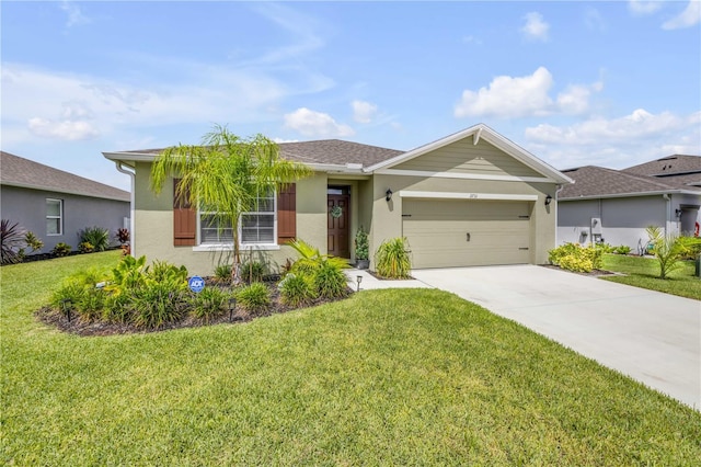 2731 Neverland Dr, New Smyrna Beach, FL 32168 - ranch-style home featuring stucco siding, concrete driveway, a front yard, and an attached garage