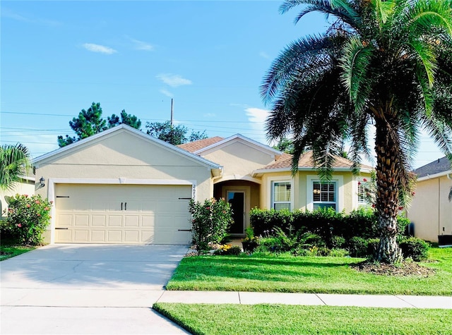 2672 Star Coral Ln, New Smyrna Beach, FL 32168 - ranch-style home featuring stucco siding, driveway, a garage, and a front lawn