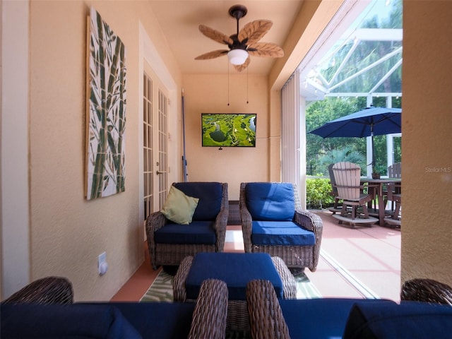 461 Luna Bella Ln, New Smyrna Beach, FL 32168 - view of patio / terrace with french doors, outdoor lounge area, ceiling fan, and glass enclosure