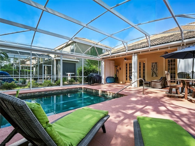 461 Luna Bella Ln, New Smyrna Beach, FL 32168 - outdoor pool featuring french doors, a ceiling fan, a patio area, and grilling area