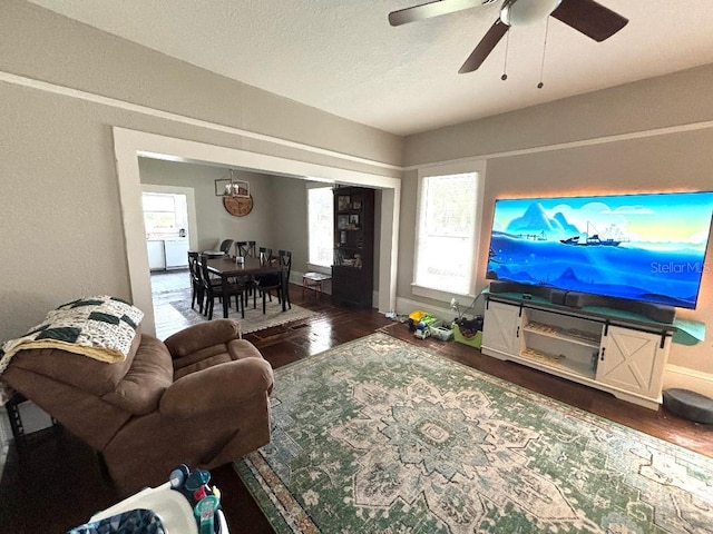 306 Murray St, New Smyrna Beach, FL 32168 - living area with dark wood-type flooring, ceiling fan, and a textured ceiling