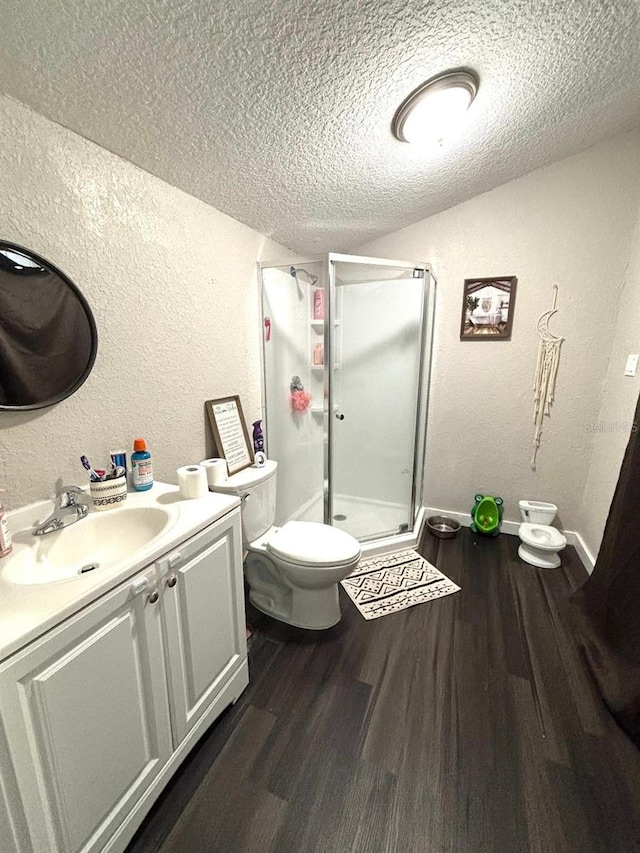 306 Murray St, New Smyrna Beach, FL 32168 - bathroom with a textured ceiling, a textured wall, vanity, a shower stall, and wood finished floors