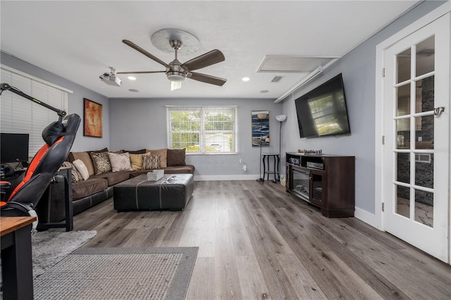 38 Fairway Cir, New Smyrna Beach, FL 32168 - living room with a ceiling fan, wood finished floors, and recessed lighting