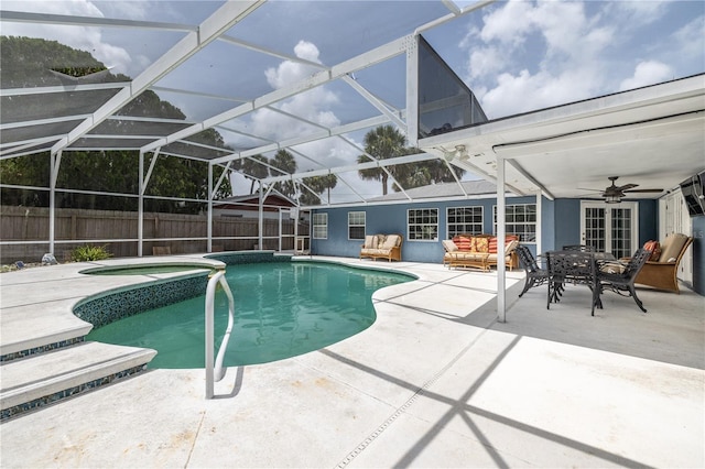 38 Fairway Cir, New Smyrna Beach, FL 32168 - view of swimming pool featuring a patio, a fenced backyard, ceiling fan, and a lanai