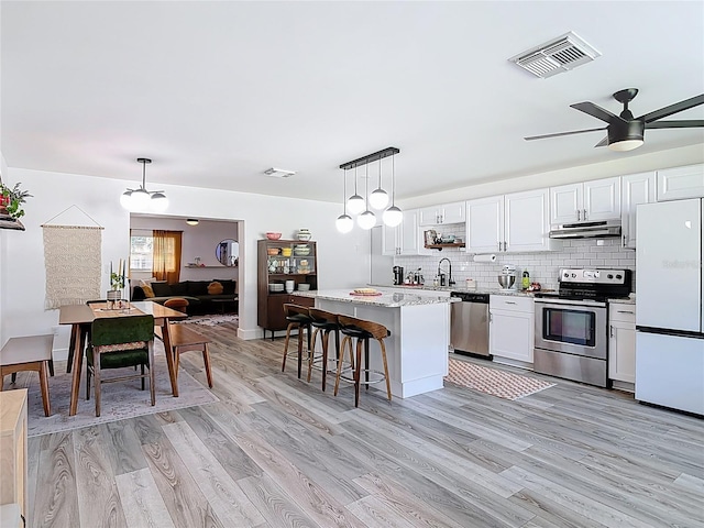 1421 Pine Tree Dr, Edgewater, FL 32132 - kitchen with stainless steel appliances, extractor fan, white cabinets, a center island, and light wood-style floors